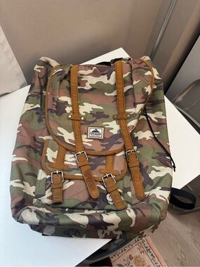 Steve Madden Camo Canvas Backpack with Brown Suede Straps